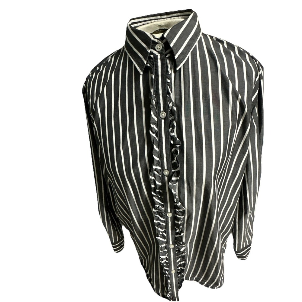 Vintage Lauren Ralph Lauren Women's Sz L Gray Striped Long Sleeve Shirt Cotton